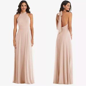 After Six 1545 High Neck Halter Backless Maxi Dress in Cameo Luxe Chiffon 10 NWT